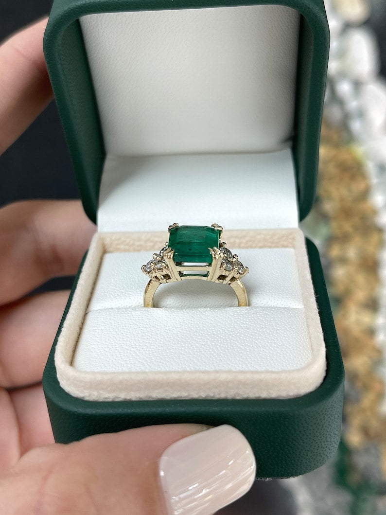 5.22tcw 14K Gold Freckled Emerald Cut & Diamond Accent Cluster Three Stone Engagement Ring - JR Colombian Emeralds