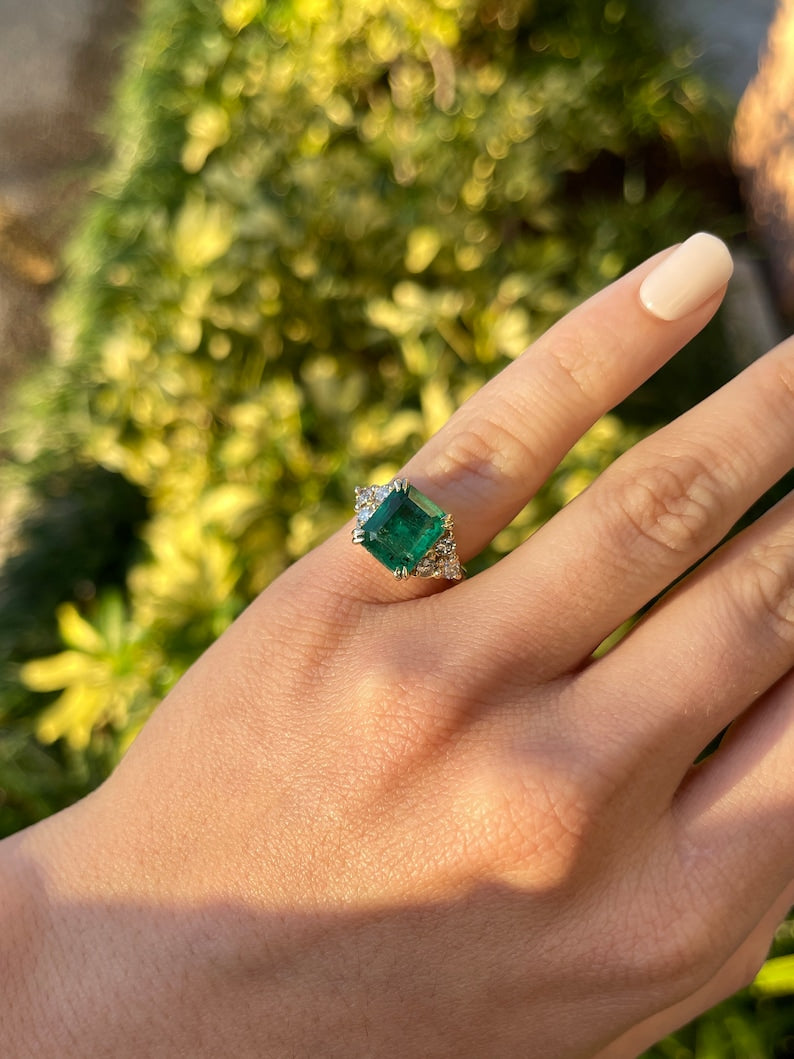 5.22tcw 14K Gold Freckled Emerald Cut & Diamond Accent Cluster Three Stone Engagement Ring - JR Colombian Emeralds