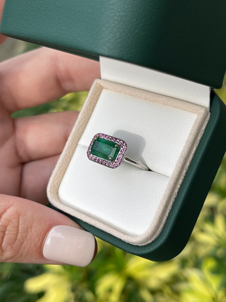 2.30tcw 14K Natural Dark Horizontal Emerald & Pink Halo East to West Sapphire Gold Ring - JR Colombian Emeralds