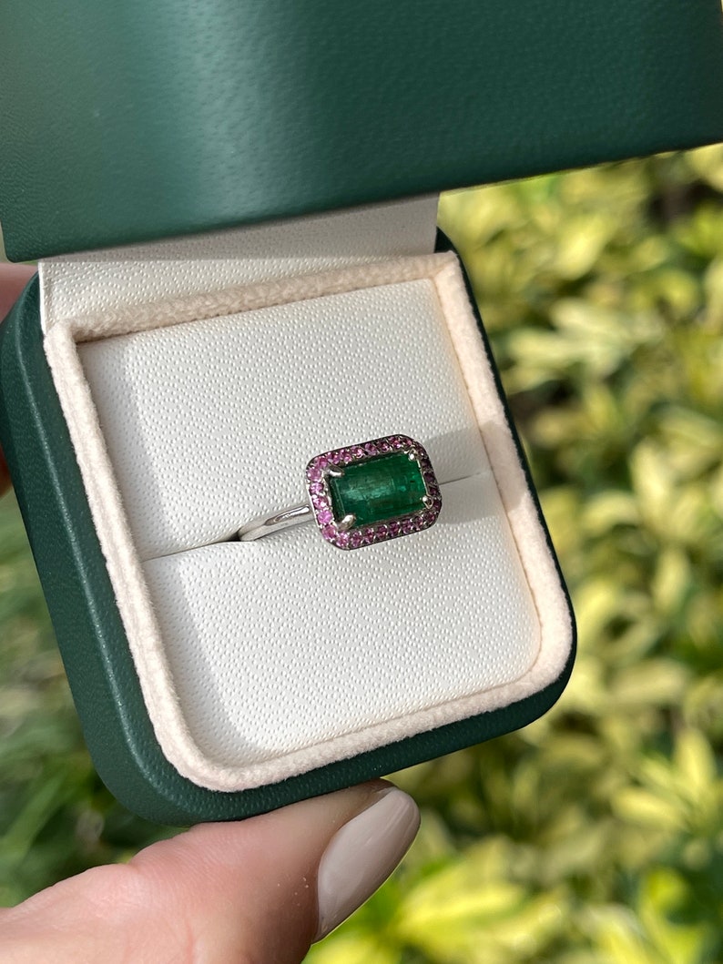 2.30tcw 14K Natural Dark Horizontal Emerald & Pink Halo East to West Sapphire Gold Ring - JR Colombian Emeralds