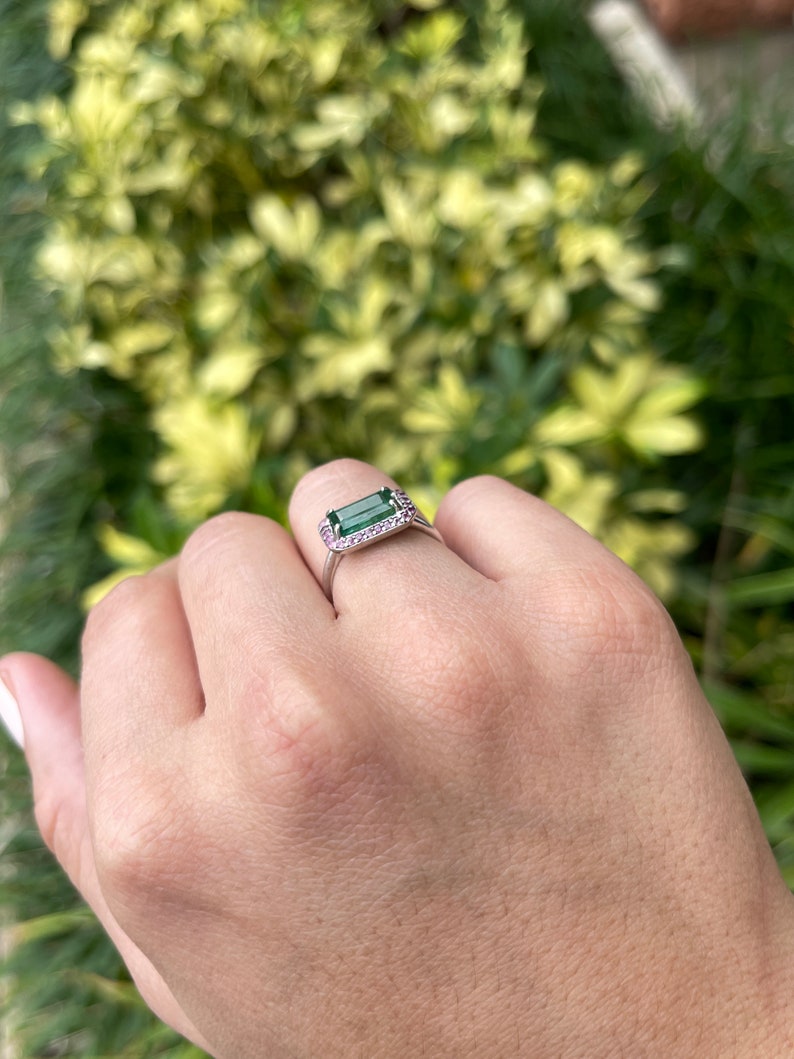 2.30tcw 14K Natural Dark Horizontal Emerald & Pink Halo East to West Sapphire Gold Ring - JR Colombian Emeralds