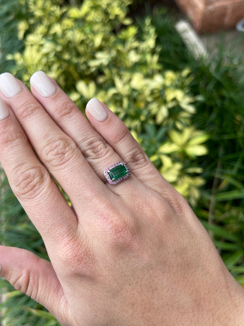 2.30tcw 14K Natural Dark Horizontal Emerald & Pink Halo East to West Sapphire Gold Ring - JR Colombian Emeralds