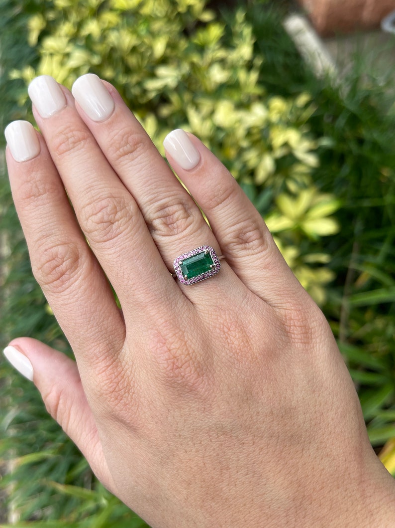 2.30tcw 14K Natural Dark Horizontal Emerald & Pink Halo East to West Sapphire Gold Ring - JR Colombian Emeralds