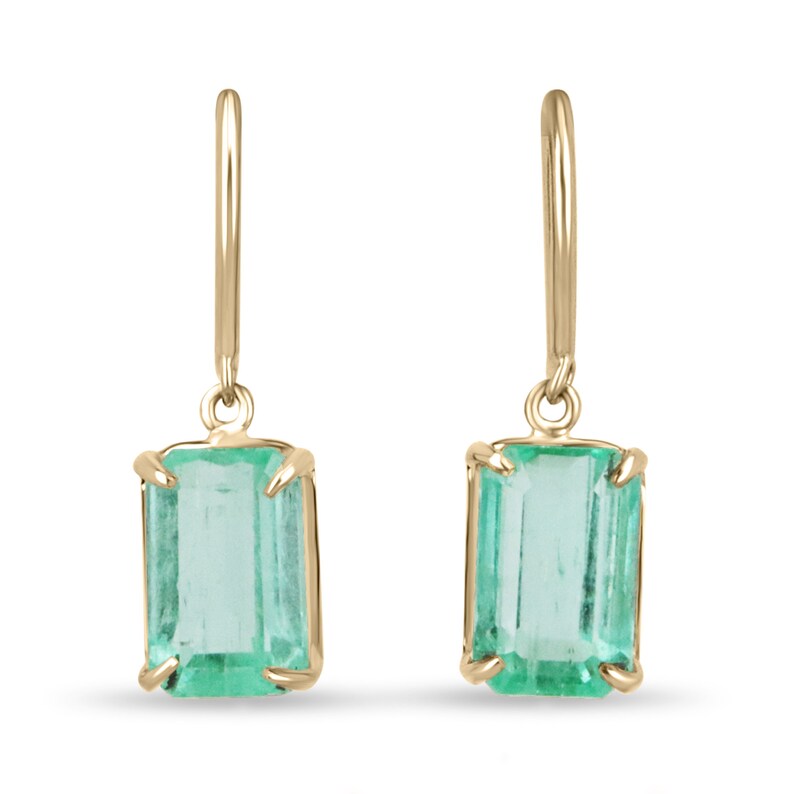 4.90tcw 14K Gold Light Spring Green Emerald Cut Solitaire Dangle Earrings