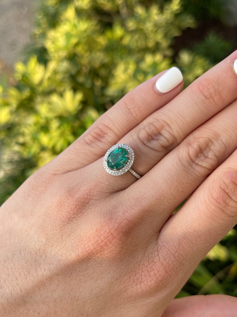 3.56tcw 14K Natural Emerald-Oval & Diamond Double Halo White Gold Engagement Ring - JR Colombian Emeralds