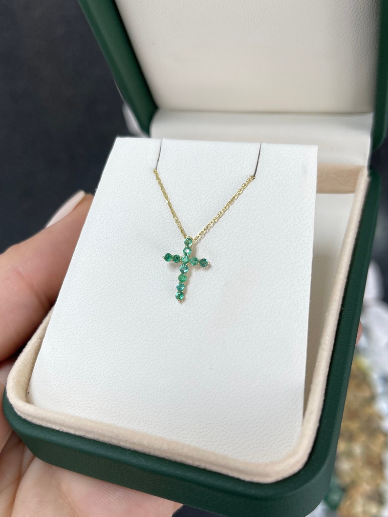 0.25tcw 14K Petite Round Cut May Emerald Religious Cross Gold Necklace - JR Colombian Emeralds