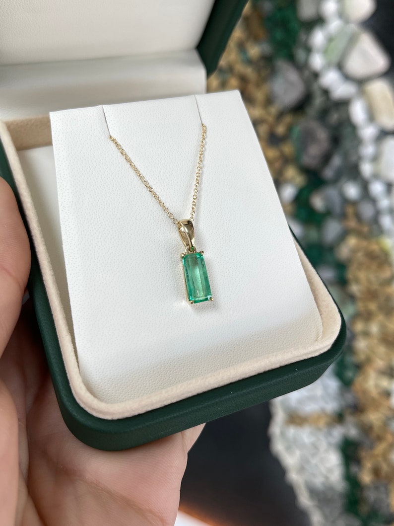 2.0ct 14K Gold Medium Green Prong Set Elongated Emerald Cut Solitaire Pendant Necklace - JR Colombian Emeralds