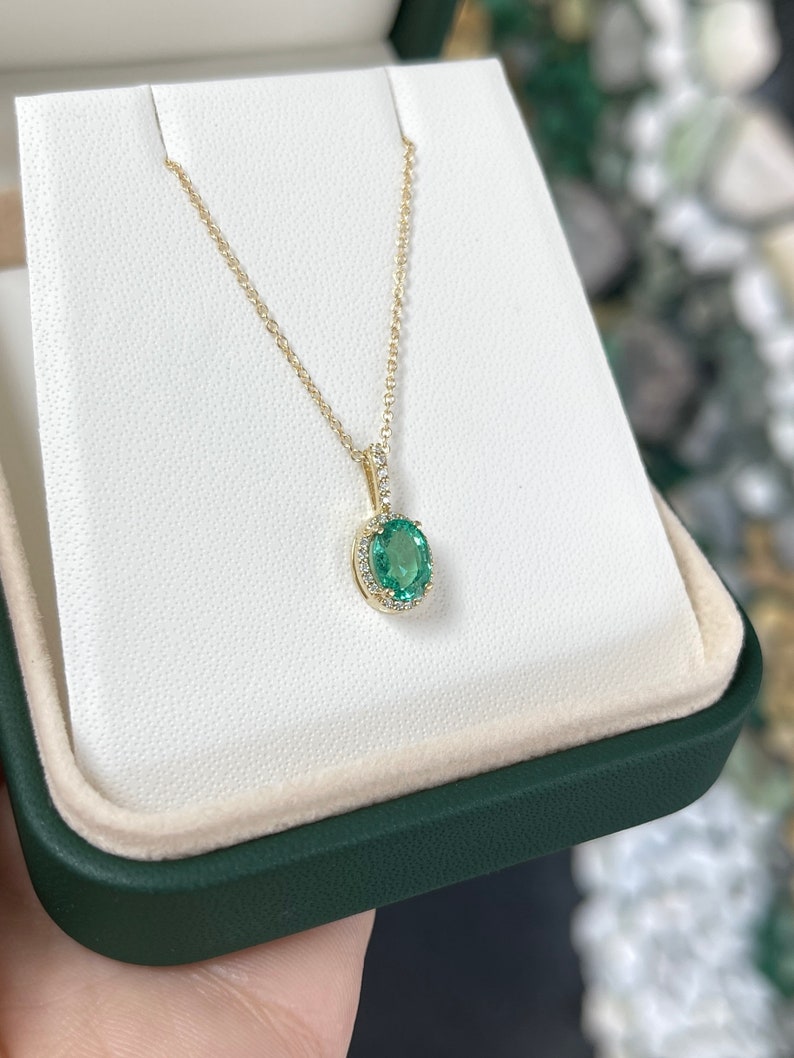 1.15tcw 14K May Birthday Gift Natural Oval Cut Emerald & Diamond Halo Pendant Necklace