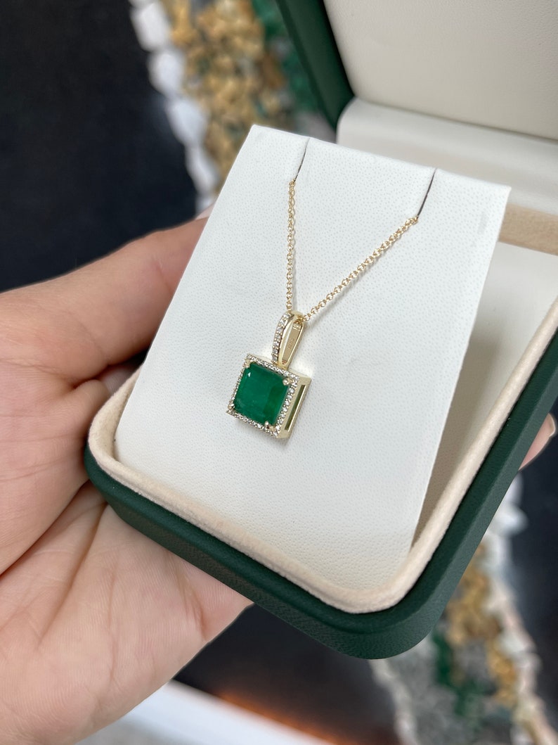 3.15tcw 14K Deep Green Princess Asscher Cut Emerald & Diamond Halo Gold Pendant Necklace - JR Colombian Emeralds