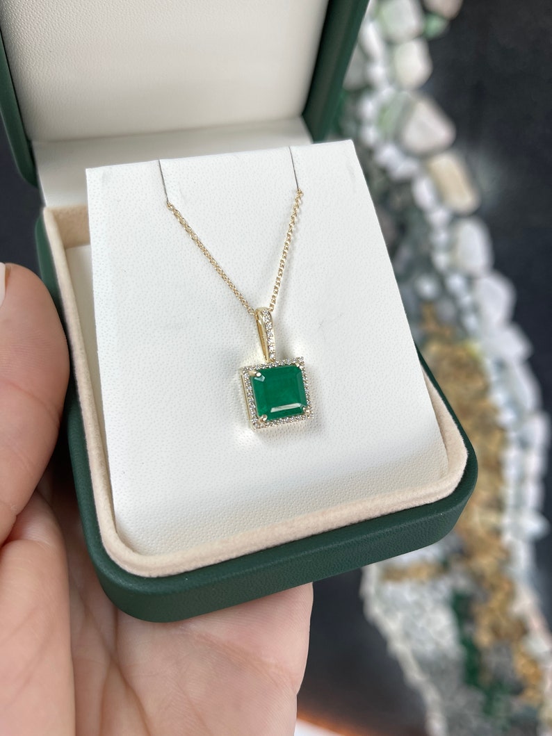 3.15tcw 14K Deep Green Princess Asscher Cut Emerald & Diamond Halo Gold Pendant Necklace