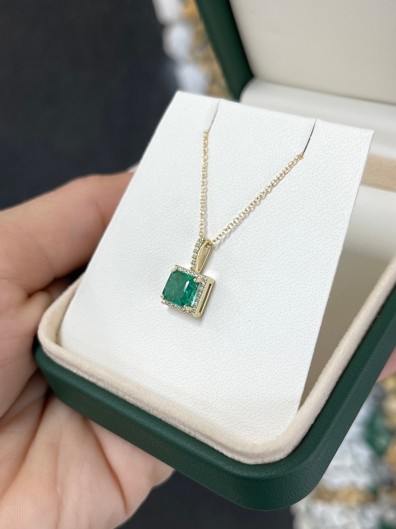 1.80tcw 14K Natural Princess Asscher Cut Emerald & Diamond Halo Gold Pendant Necklace - JR Colombian Emeralds