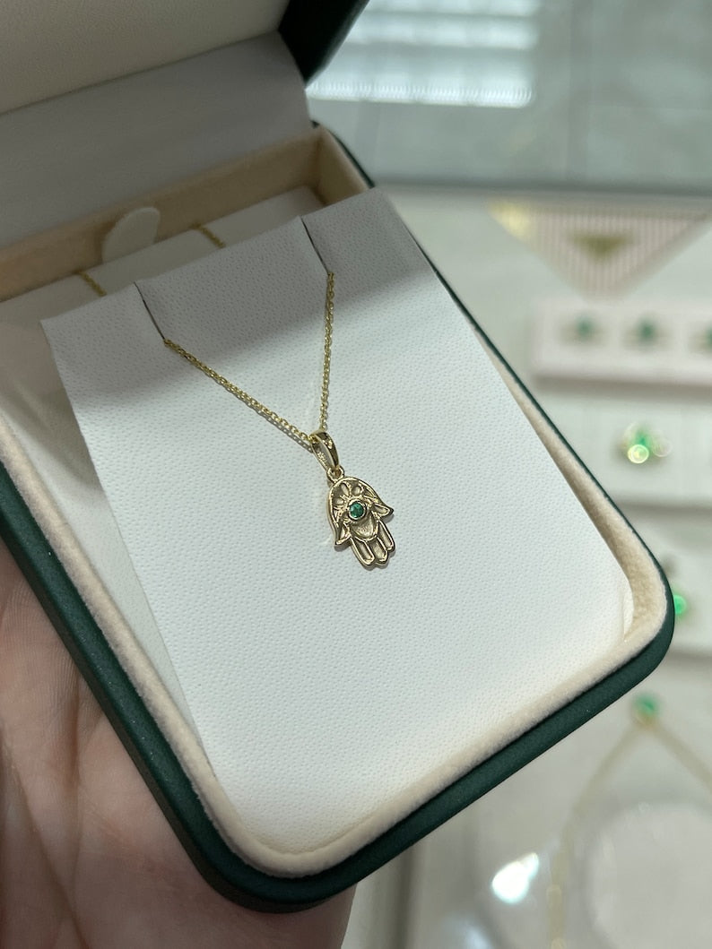 Real Emerald in Gold Hamsa Pendant