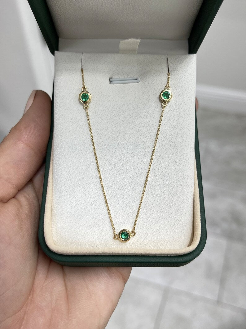 0.80tcw 14K Natural Emerald Round Cut By The Yard Chain Gold Necklace - JR Colombian Emeralds