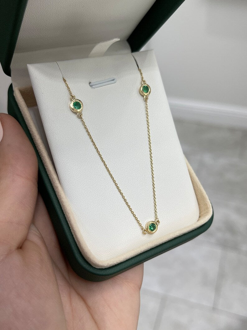 0.80tcw 14K Natural Emerald Round Cut By The Yard Chain Gold Necklace - JR Colombian Emeralds