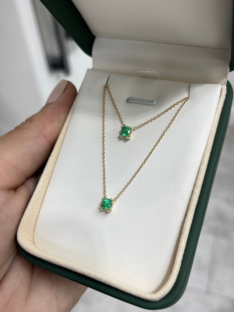 0.35tcw 14K AAA Fine Quality Petite Natural Round Cut Emerald Solitaire Stacking Layering Necklace