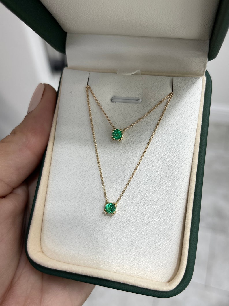 0.35tcw AAA Fine Quality Petite Natural Round Cut Emerald Solitaire Stacking Necklace 14K - JR Colombian Emeralds