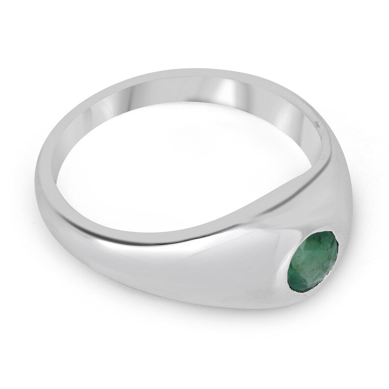 Unisex Sterling Silver Natural Emerald Ring