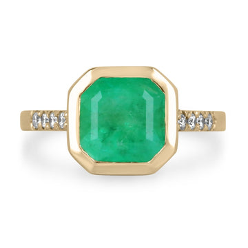 3.30tcw 18K Gold Square Bezel Emerald Asscher & Diamond Accent Right Hand Ring