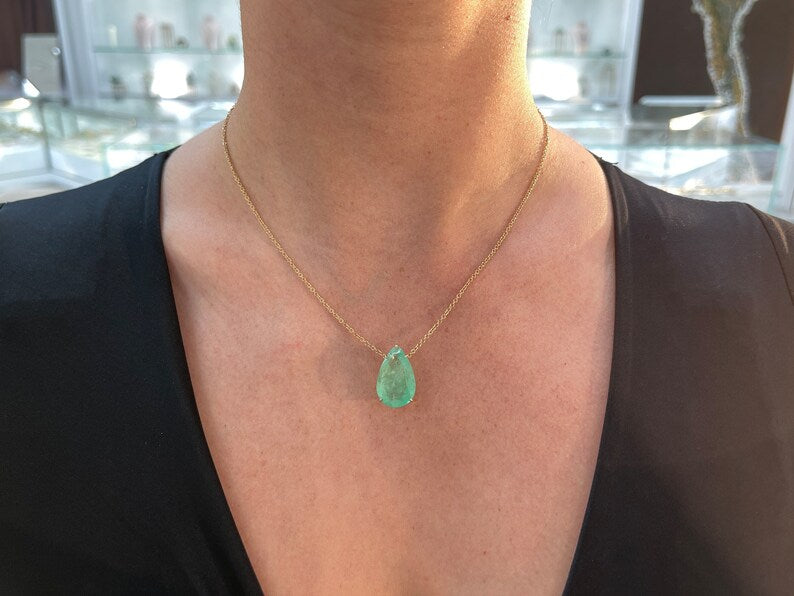 14.82ct 14K Large Pear Cut Teardrop Emerald May Baby Gift Pendant Necklace - JR Colombian Emeralds