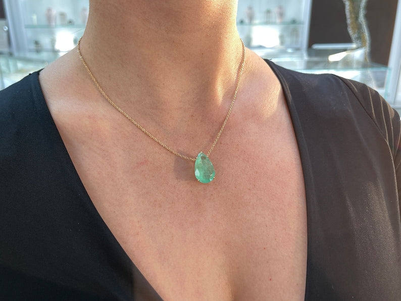 14.82ct 14K Large Pear Cut Teardrop Emerald May Baby Gift Pendant Necklace - JR Colombian Emeralds