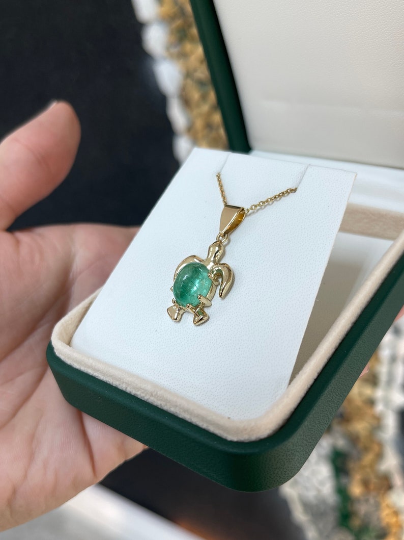 4.32 Carat 14K White Gold Emerald Sea Turtle Nautical Pendant Necklace - JR Colombian Emeralds