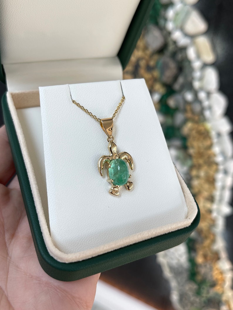 4.32 Carat 14K White Gold Emerald Sea Turtle Nautical Pendant Necklace - JR Colombian Emeralds