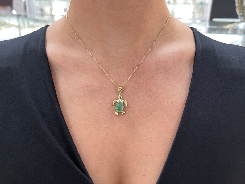 4.32 Carat 14K White Gold Emerald Sea Turtle Nautical Pendant Necklace - JR Colombian Emeralds