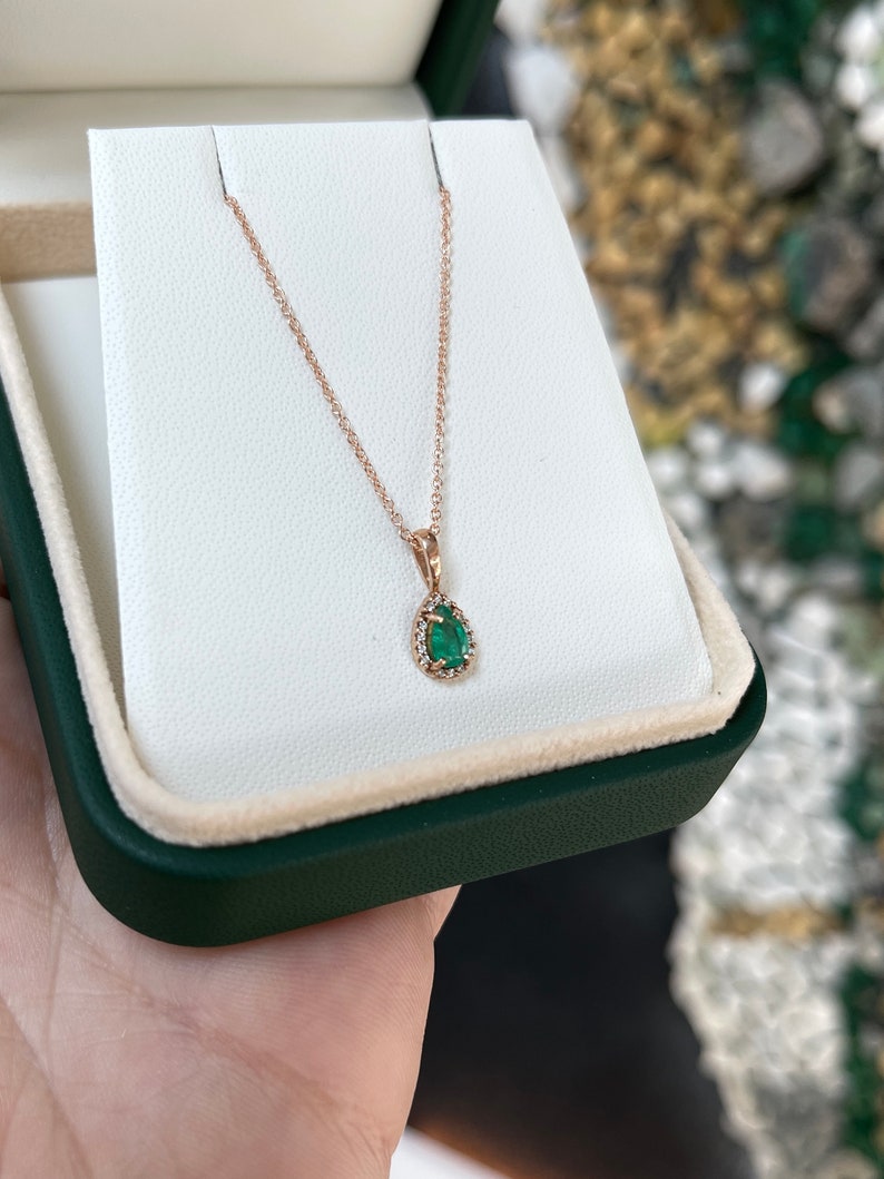 0.36tcw Natural Emerald Pear Cut & Diamond Halo Gold Pendant 14K - JR Colombian Emeralds