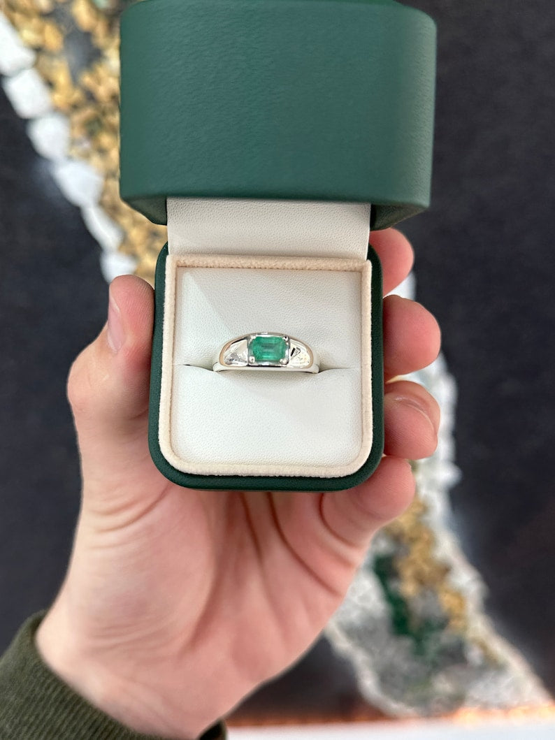 1.20ct Men's 4 Prong Set East to West Emerald Cut Sterling Silver .925 Unisex Ring SS - JR Colombian Emeralds