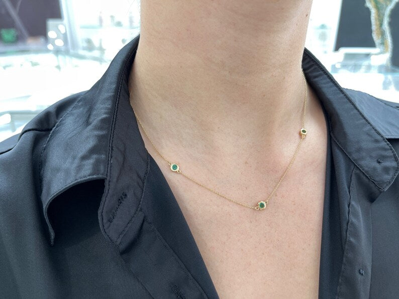 0.80tcw 14K Natural Emerald Round Cut By The Yard Chain Gold Necklace - JR Colombian Emeralds