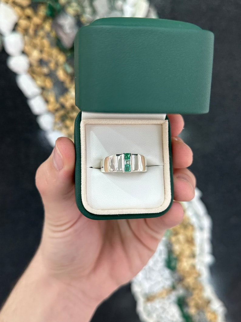 0.45tcw 3 Stone Natural Medium Spring Green Sterling Silver Emerald Unisex Men's Middle Finger Ring - JR Colombian Emeralds