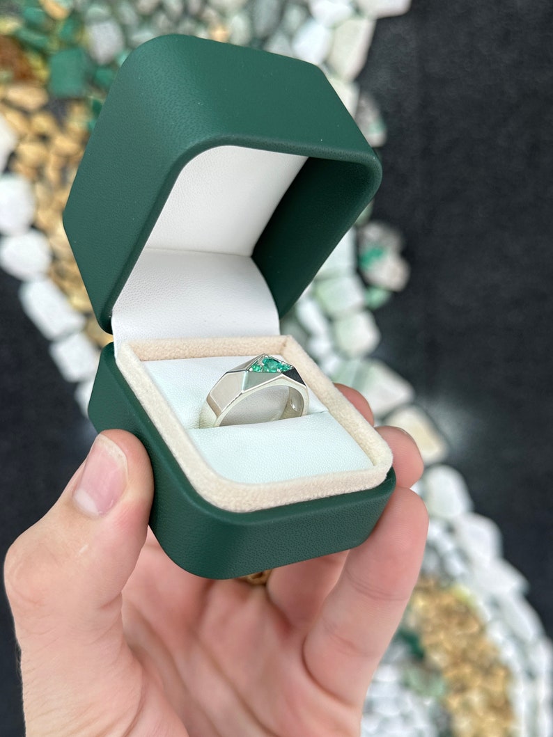 0.55tcw 3 Stone Geometric Contemporary Round Emerald Mens Silver Wedding Band Ring - JR Colombian Emeralds