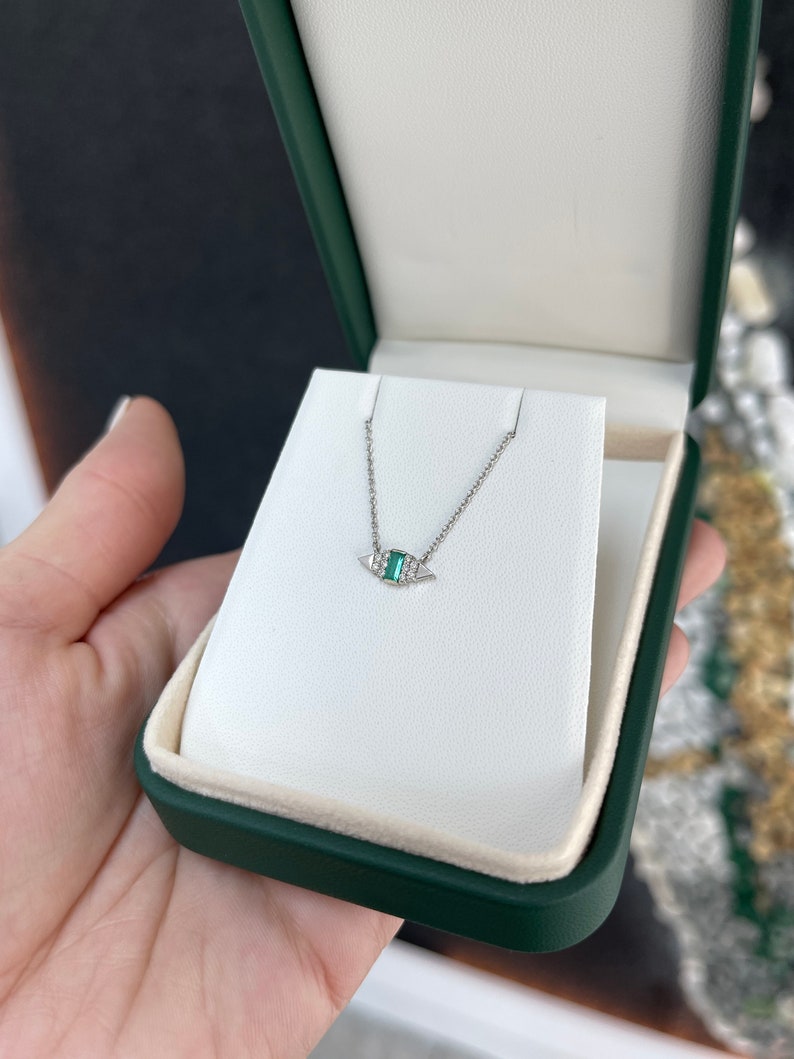 0.28tcw Small Natural Emerald Cut & Diamond Accent Petite Necklace 14K - JR Colombian Emeralds