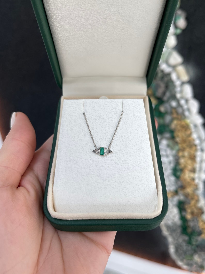 0.28tcw Small Natural Emerald Cut & Diamond Accent Petite Necklace 14K - JR Colombian Emeralds