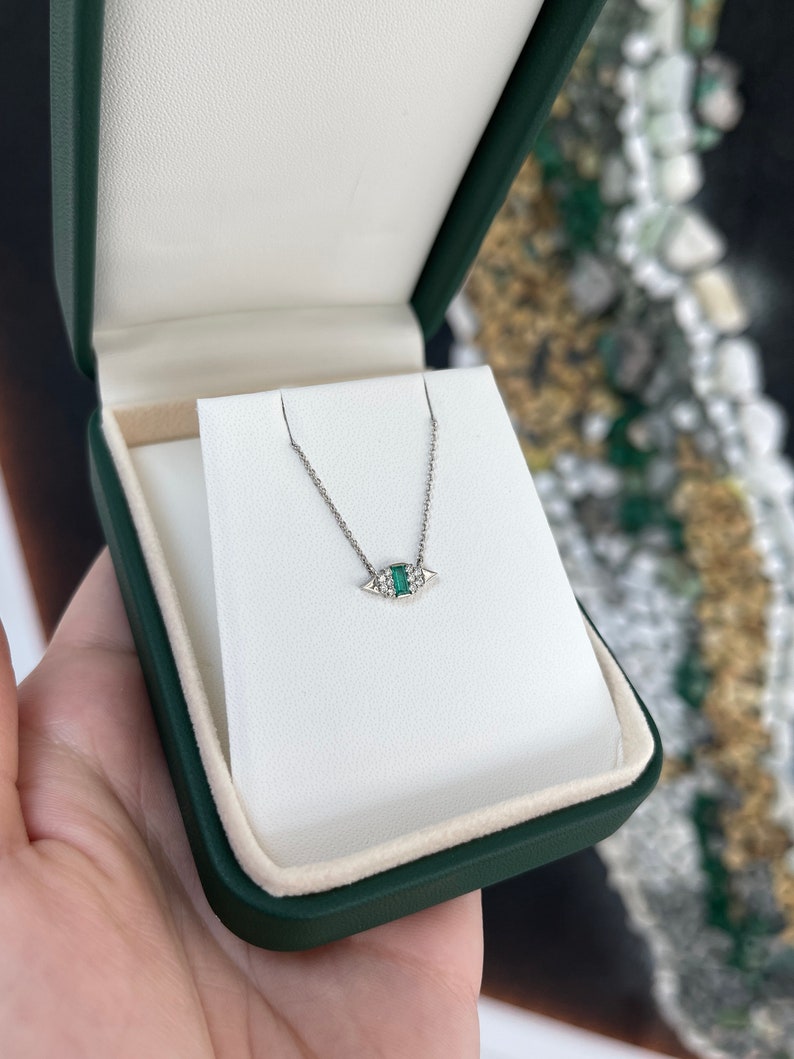 0.28tcw Small Natural Emerald Cut & Diamond Accent Petite Necklace 14K - JR Colombian Emeralds