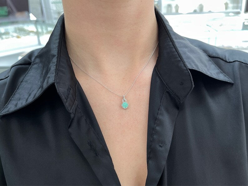 1.10tcw 14K Emerald Round Cut & Diamond Halo Accent White Gold Pendant Necklaces