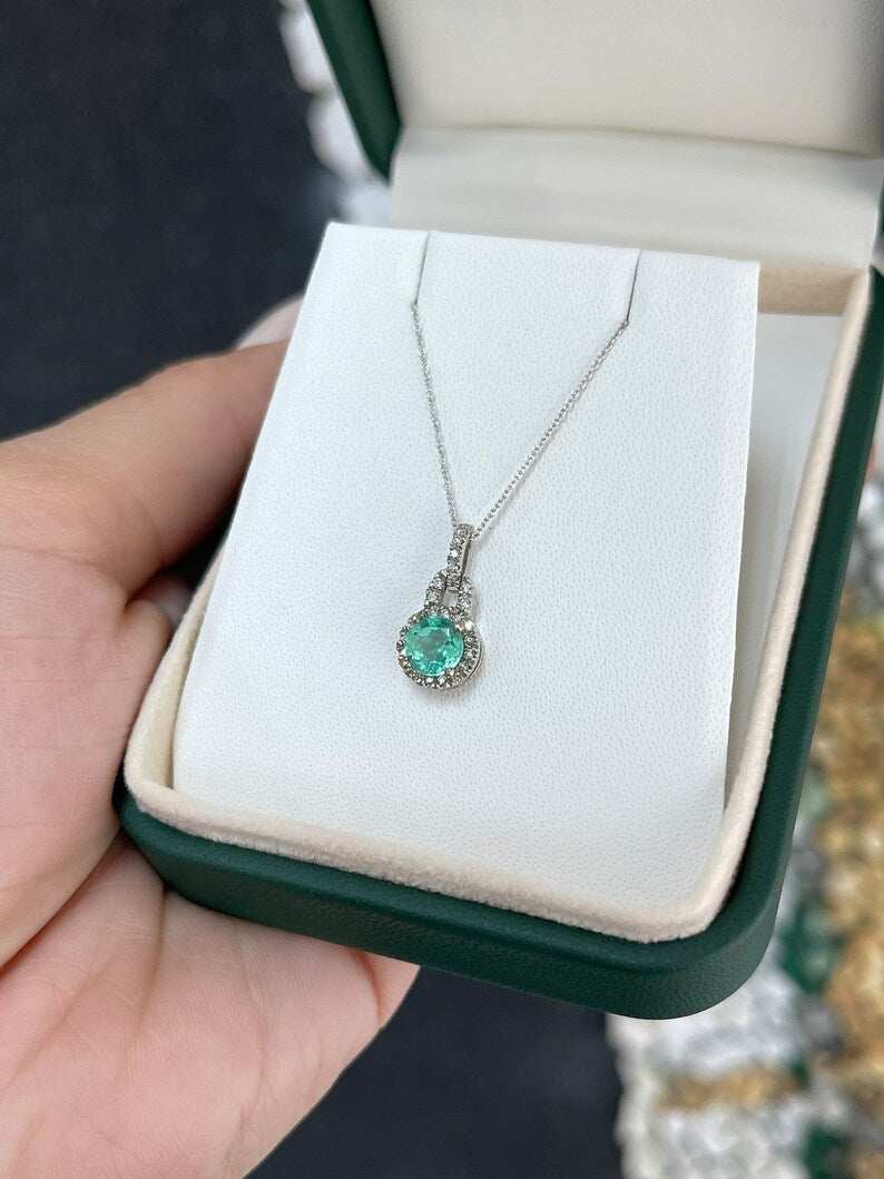 1.10tcw 14K Emerald Round Cut & Diamond Halo Accent White Gold Pendant Necklaces - JR Colombian Emeralds