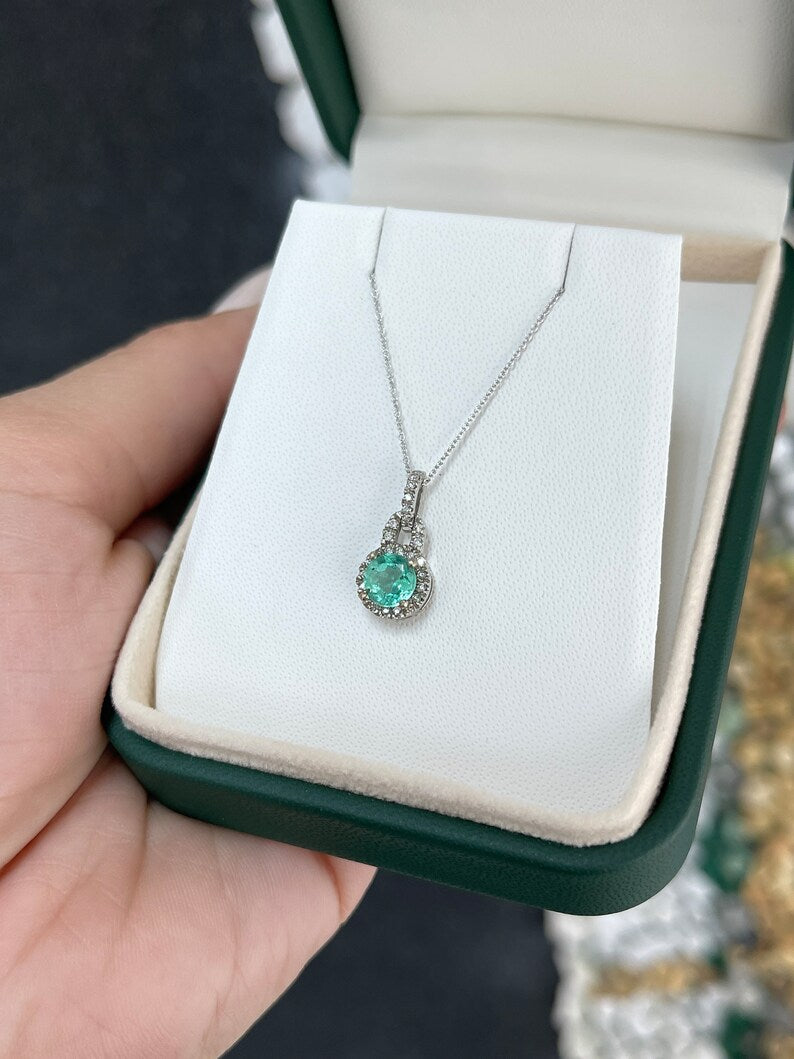1.10tcw 14K Emerald Round Cut & Diamond Halo Accent White Gold Pendant Necklaces