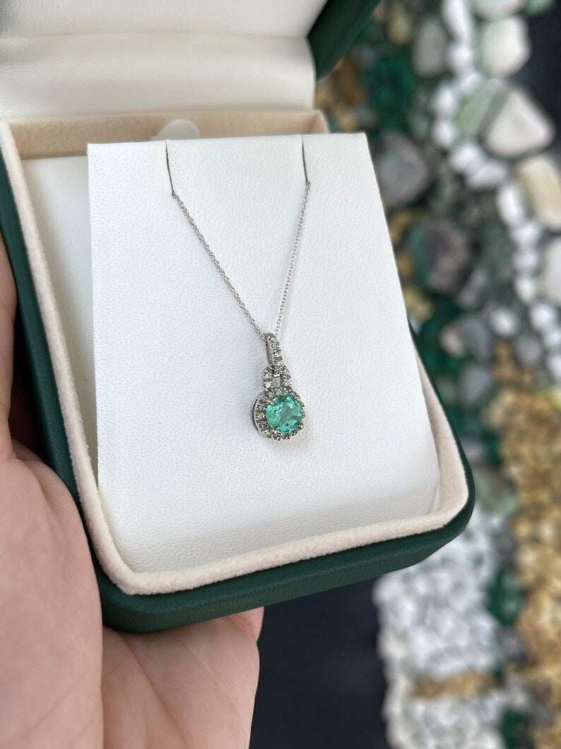 1.10tcw 14K Emerald Round Cut & Diamond Halo Accent White Gold Pendant Necklaces - JR Colombian Emeralds