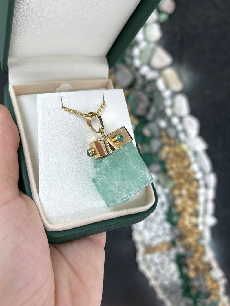 135ct+ 14K Yellow Gold Natural Raw Rough Emerald Cabochon Accents Bezel Pendant Necklace