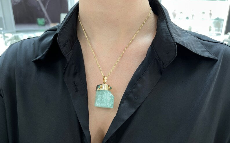 135ct+ 14K Yellow Gold Natural Raw Rough Emerald Cabochon Accents Bezel Pendant Necklace