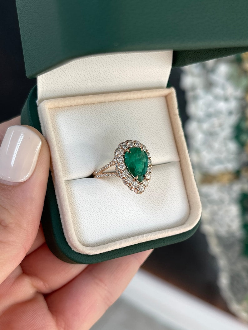 2.52tcw 18K AAA Dark Green Pear Cut Emerald & Double Diamond Halo Rose Gold Engagement Ring - JR Colombian Emeralds