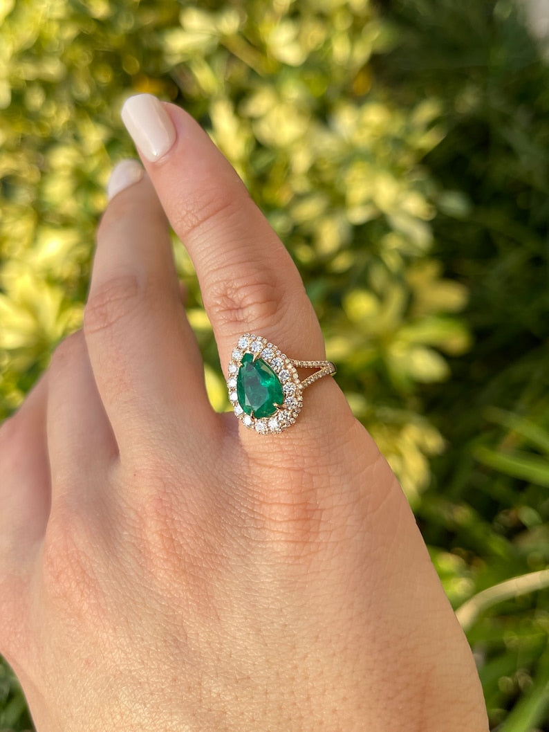 2.52tcw 18K AAA Dark Green Pear Cut Emerald & Double Diamond Halo Rose Gold Engagement Ring - JR Colombian Emeralds