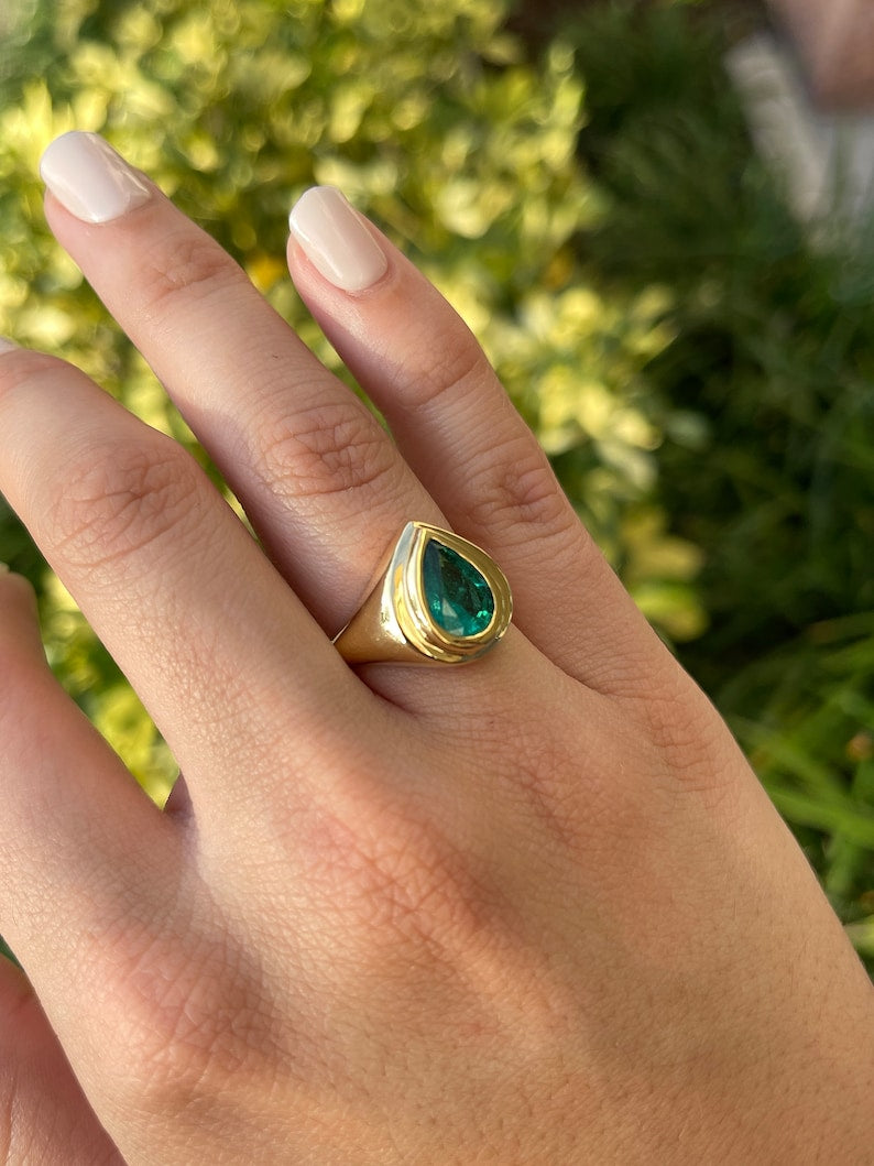 2.47ct 18K Solid Gold Bezel Teardrop Emerald Solitaire Gypsy Ring - JR Colombian Emeralds