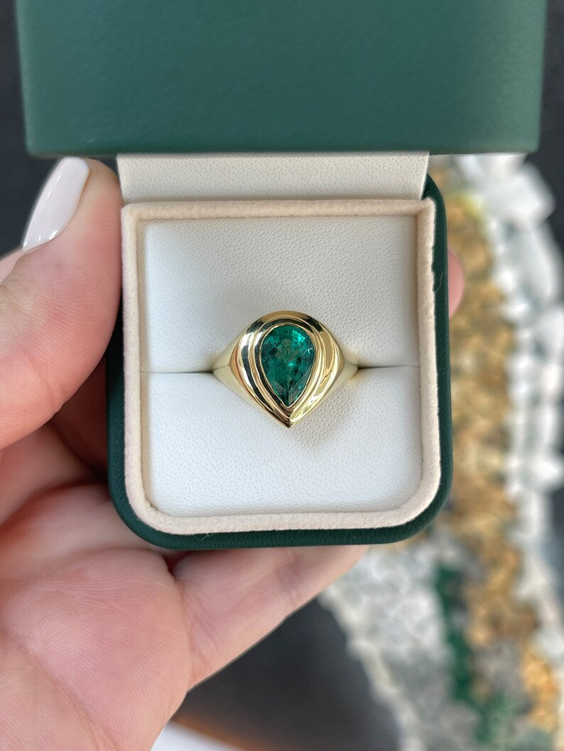 2.47ct 18K Solid Gold Bezel Teardrop Emerald Solitaire Gypsy Ring - JR Colombian Emeralds