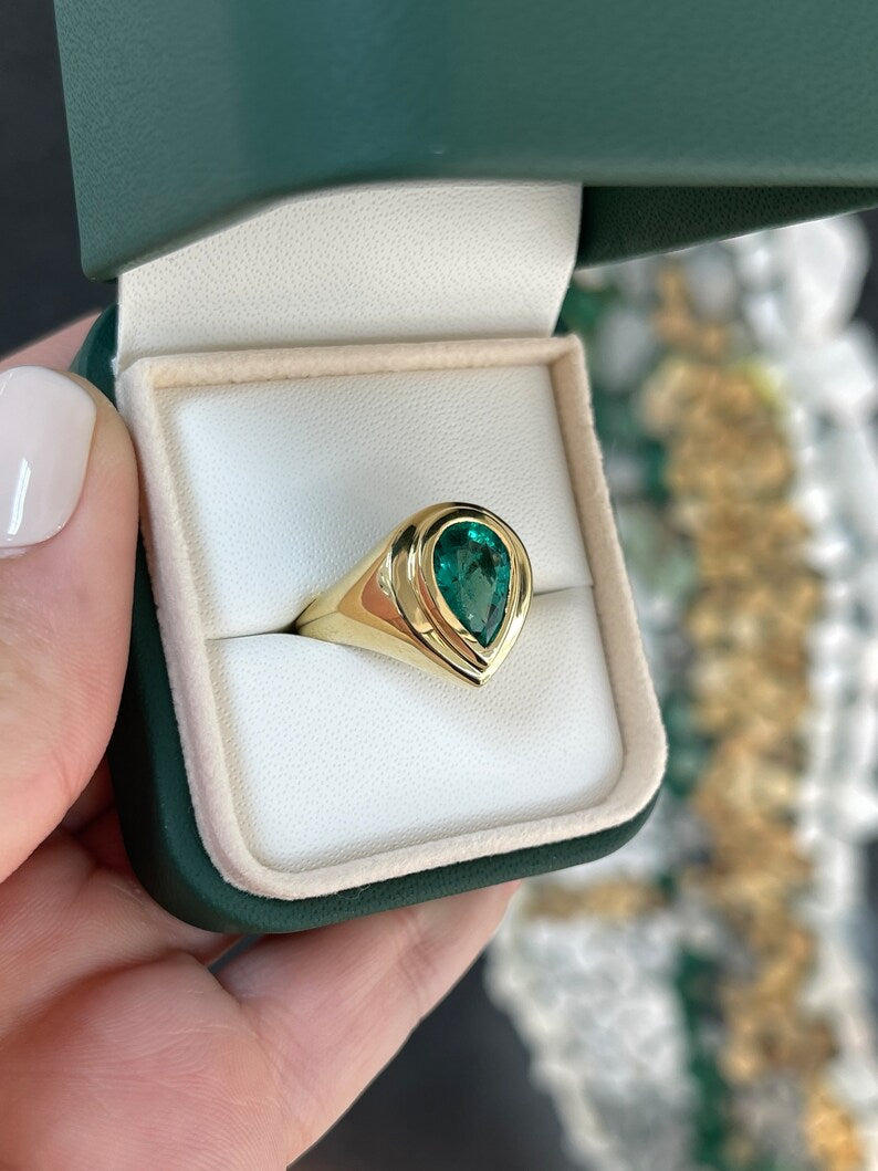 2.47ct 18K Solid Gold Bezel Teardrop Emerald Solitaire Gypsy Ring - JR Colombian Emeralds