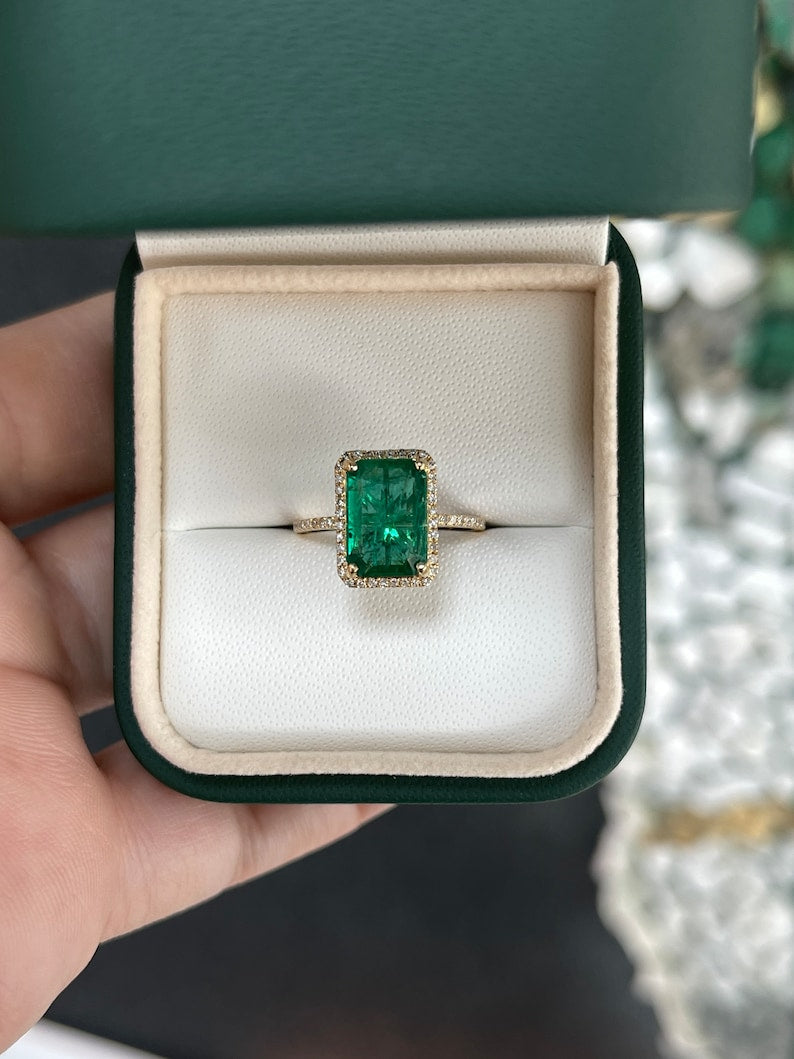 2.95tcw 18K Fine Quality Rich Dark Green Emerald Cut & Diamond Halo Floral Right Hand Engagement Ring - JR Colombian Emeralds