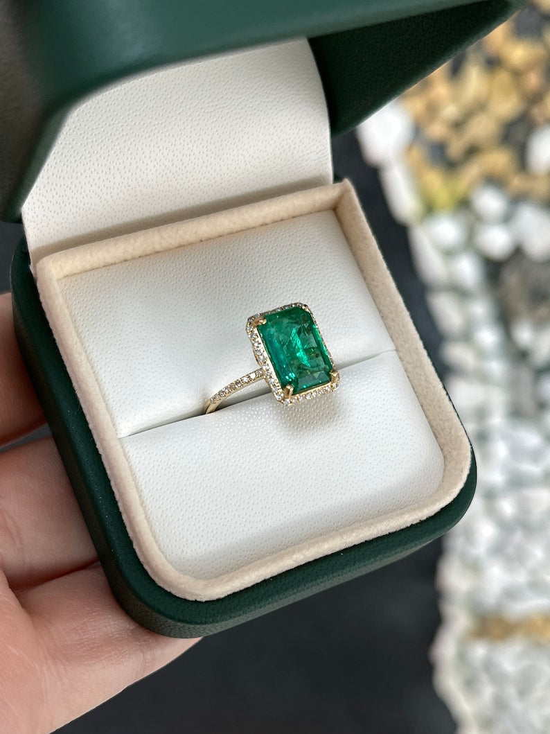 2.95tcw 18K Fine Quality Rich Dark Green Emerald Cut & Diamond Halo Floral Right Hand Engagement Ring - JR Colombian Emeralds