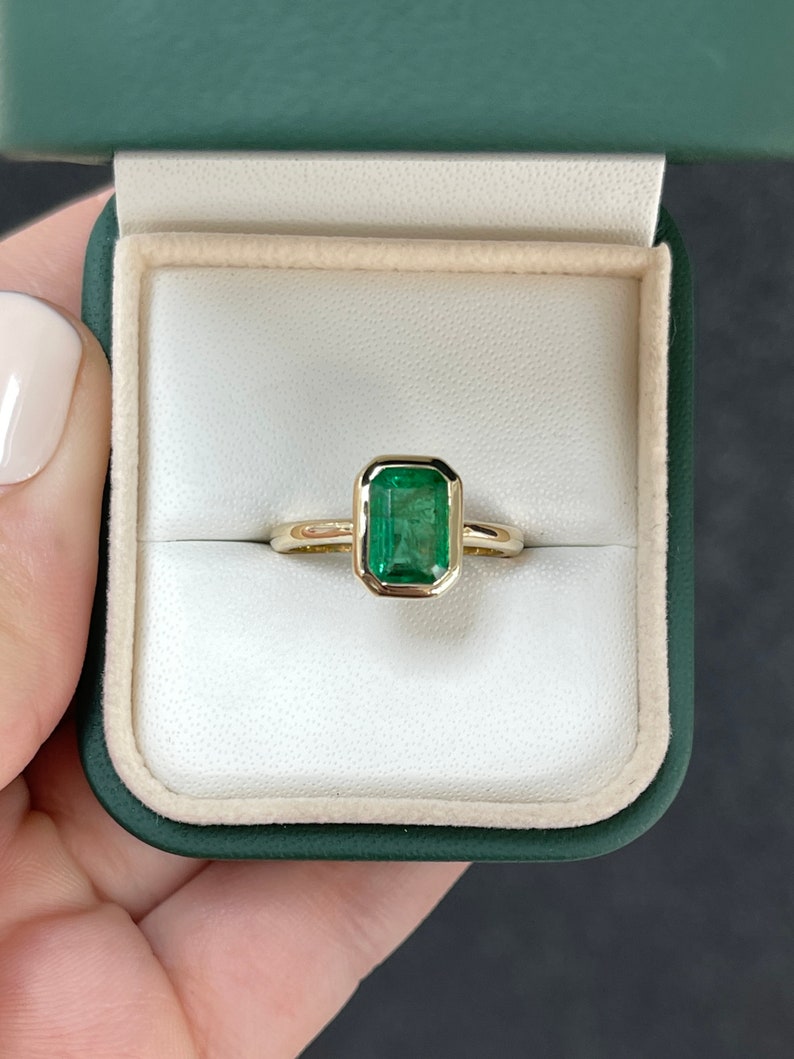 1.90 Carat Gold Classic Bezel Set Emerald Solitaire Ring 14K - JR Colombian Emeralds