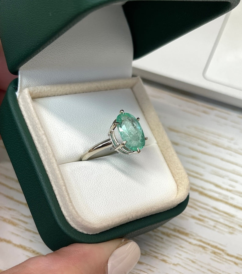 3.55ct 14K White Gold 6 Prong Oval Cut Emerald Solitaire Ring